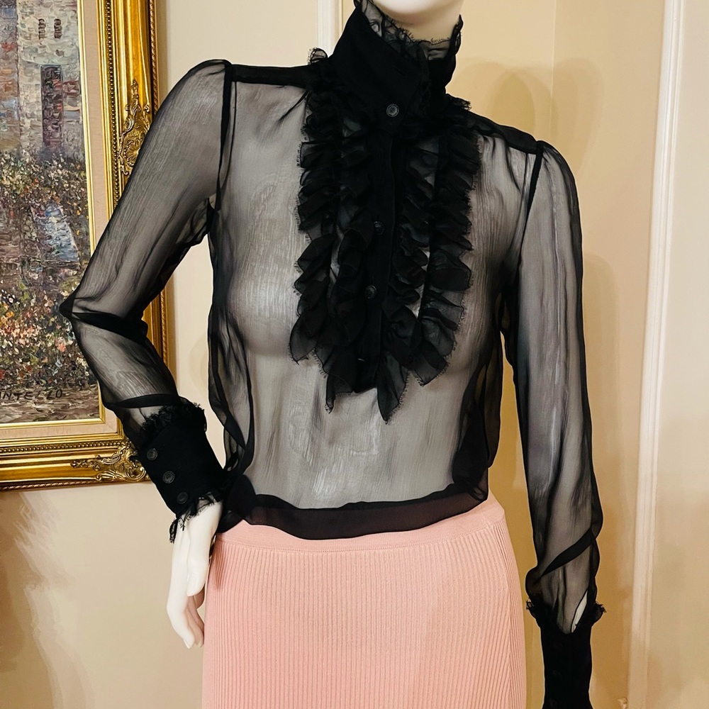 CHANEL  AUTENTIC  SHEERS RUFFLED TURTLENECK BLOUSE MADE IN ITALY  SIZE 36 - Picture 9 of 16